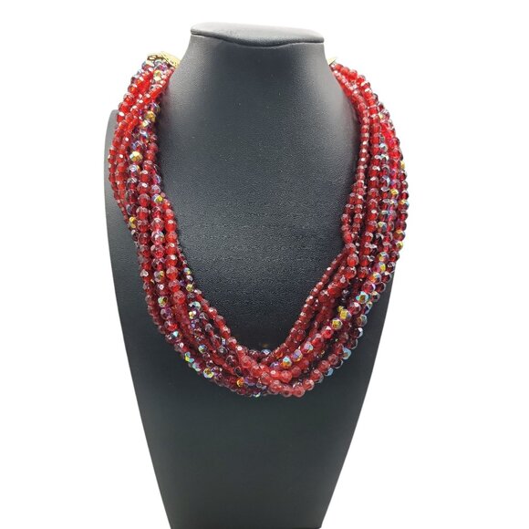 Vtg Red Multi-Strand Necklace Torsade Choker Small Beaded Simulated Crystals 20" - Picture 3 of 8